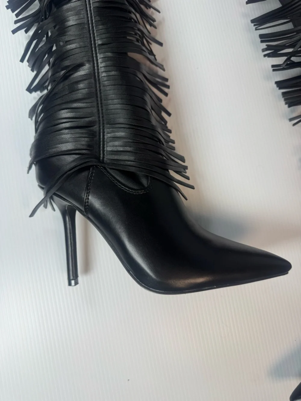 Azalea Wang Katrice Black Fringe Thigh High Boots Stiletto  Sizes 6.5 thru 11